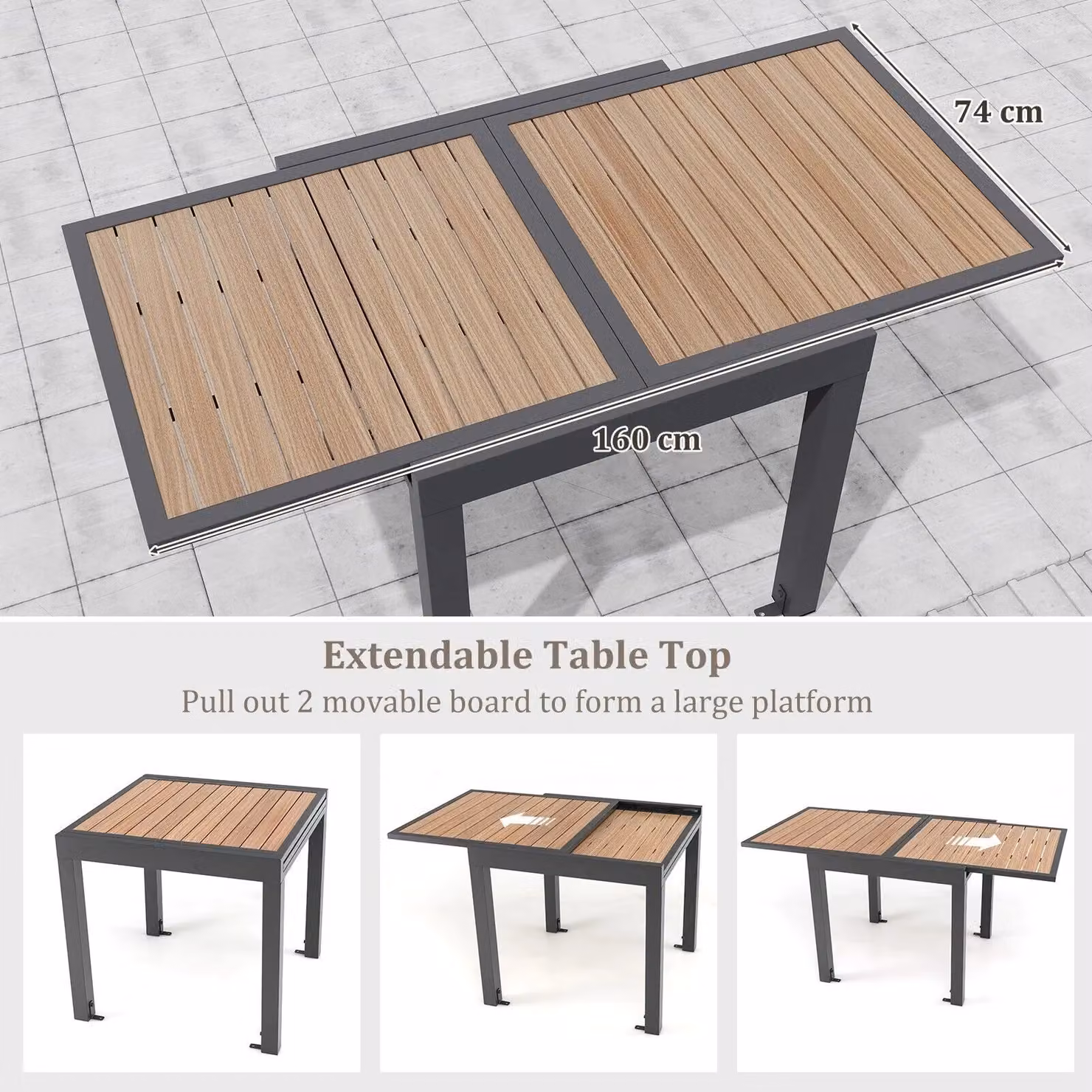Costway Extendable Rectangular Patio Dining Table for 4-6 People in Brown Wood-like Aluminium – 5