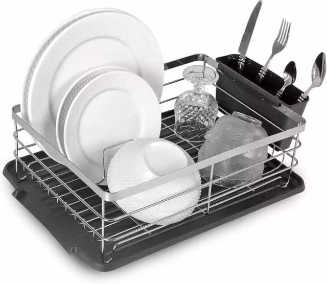 Top 3 Black Metal Kitchen Dish Rack Drainer with Utensil Holder and Removable Drip Tray, W: 44.0 cm, D: 32.0 cm, H: 14.5 cm – 1