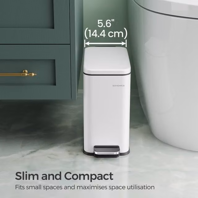 SONGMICS Slim Pedal Bathroom Bin with Soft Close Lid and Removable Inner Bucket, White