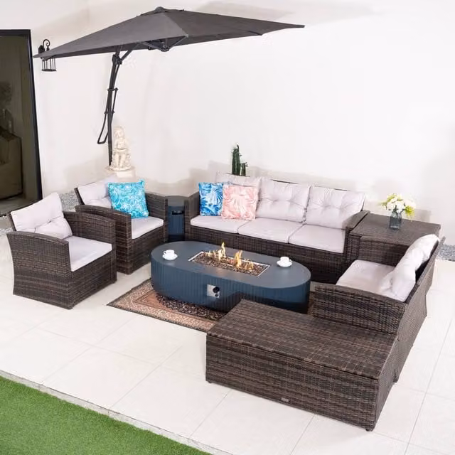 Direct Wicker 7-Seater L-Shape Corner Sofa Set with Gas Fire Pit Table and Storage Box in Brown