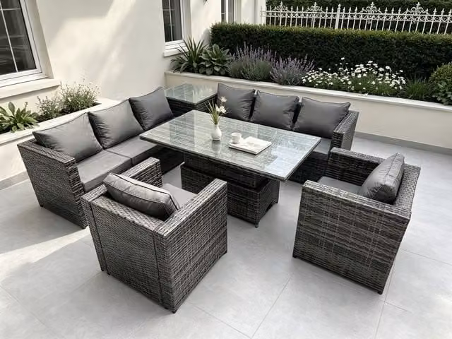 Fimous 8 Seater PE Rattan Corner Sofa Set with Height Adjustable Dining Table and High Side Coffee Table in Dark Grey