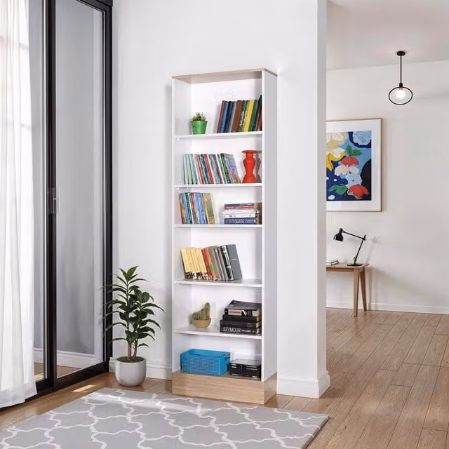 FWStyle 6 Tier Bookcase in White and Oak Effect with Adjustable Shelves