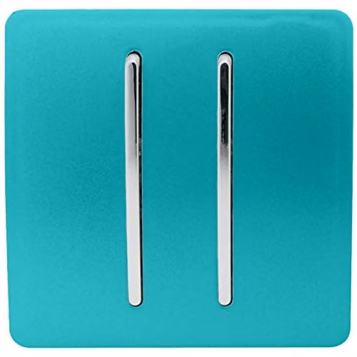 Trendi 2 Gang 2 Way 240V Screwless Raised Front Plate Plastic Artistic Modern Glossy 10 Amp Chrome Rocker Single Electrical Wall Light Switch Bright Teal - ART-SS4BT