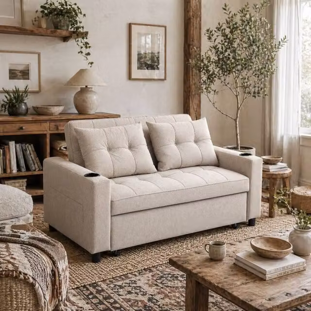 Wyld Haus Kari Beige 2 Seater Pull Out Sofa Bed with Cup Holders, W/D/H: 157 x 190 x 140 cm – 1