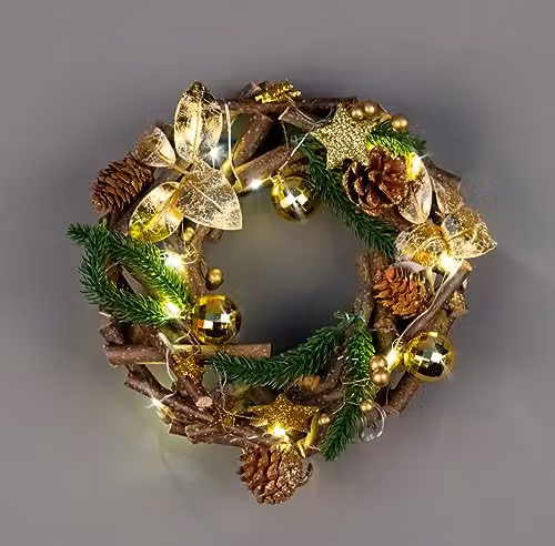 SHATCHI 22cm Prelit Christmas Hanging Wreath with Golden Baubles, Berries, Leaves, Stars and Micro LED Lights in Gold, Brown and Green