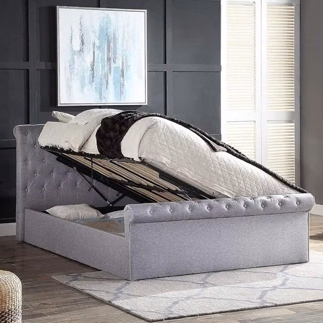Home Treats Grey Upholstered Side Lifting Sleigh Ottoman Storage Bed with Hybrid Mattress, W/D/H: 140 x 200 cm