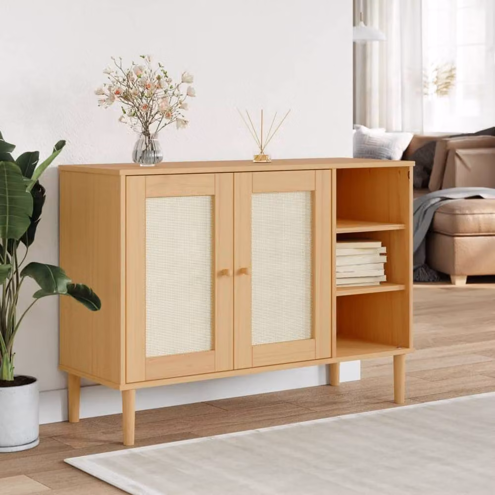 Berkfield Home SENJA Sideboard in Light Brown Solid Pine Wood with Rattan Look, W/D/H: 112 x 40 x 80 cm – 2