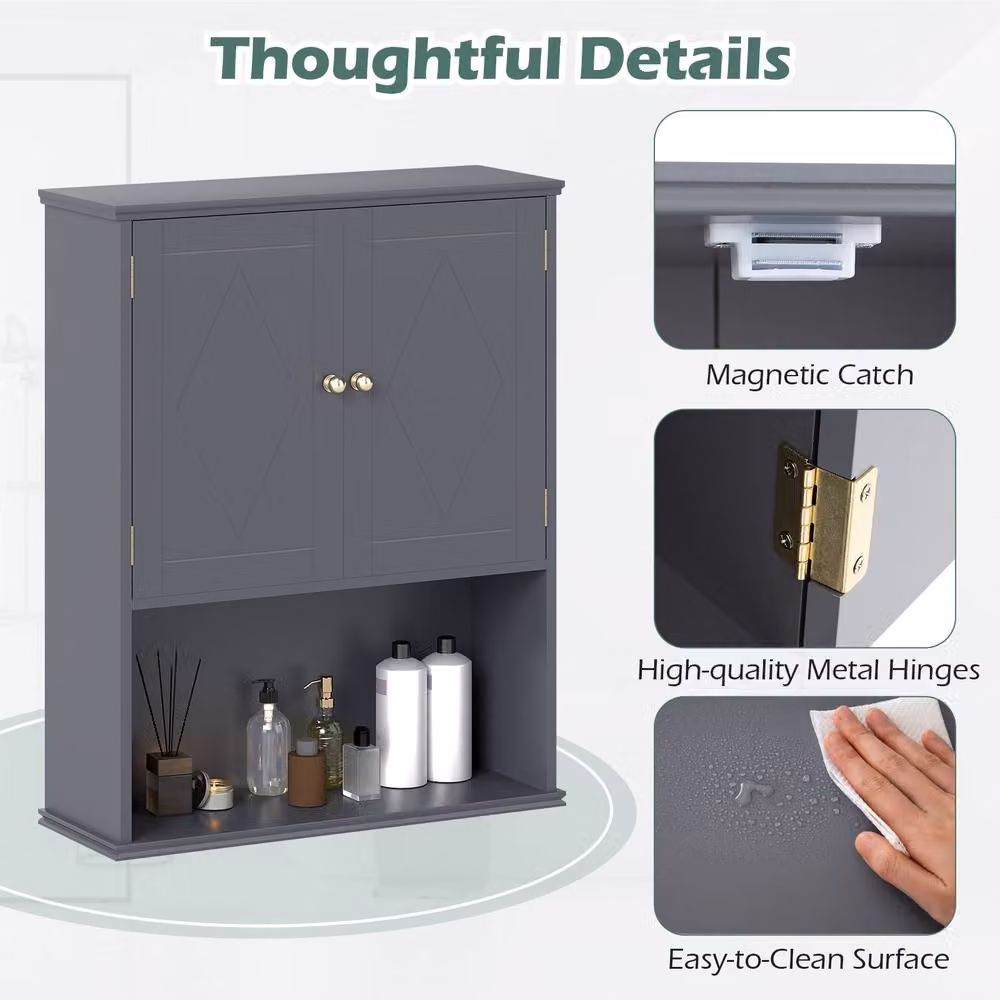 Costway Grey Wall Mounted 2-Door Bathroom Cabinet with Internal Shelves – 5