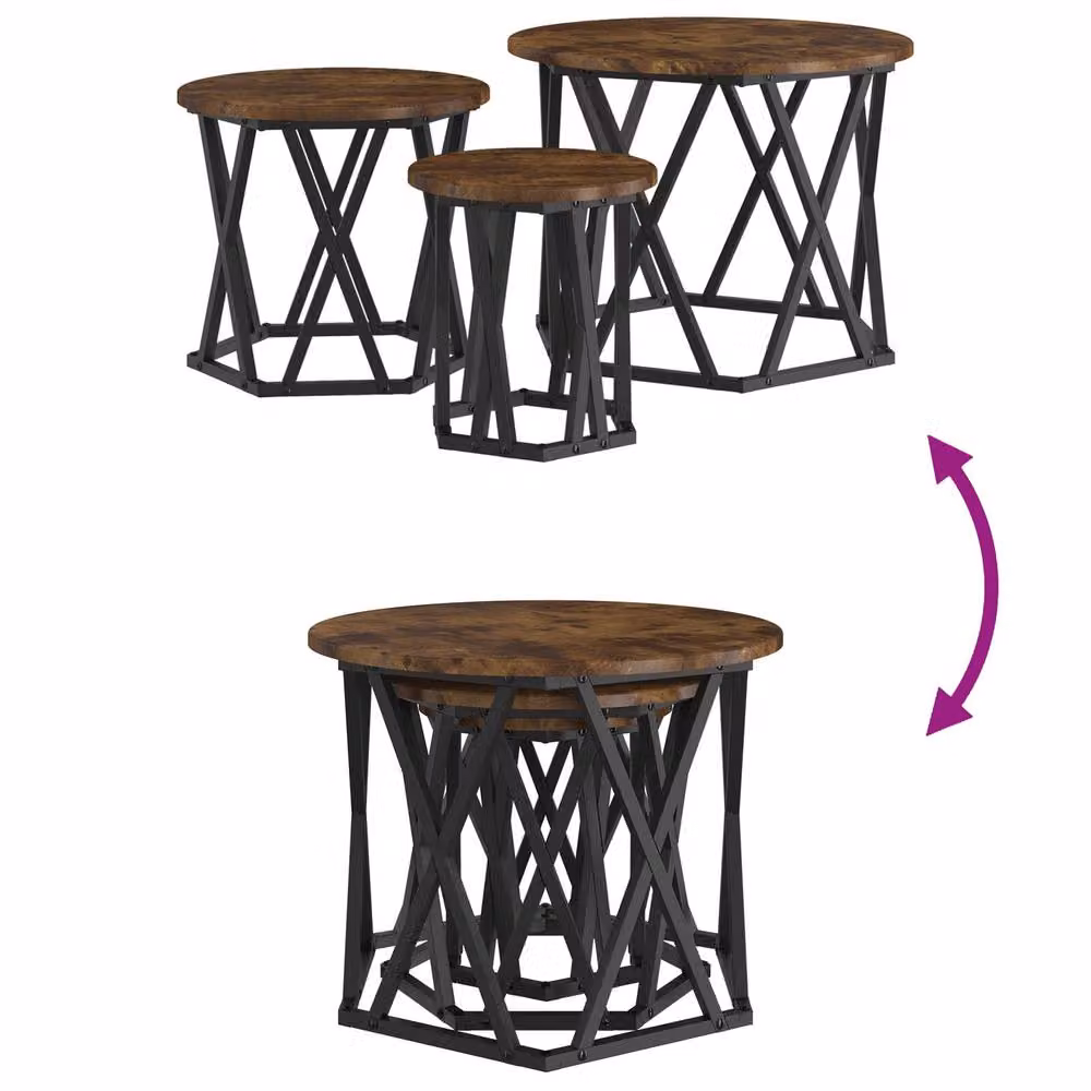Berkfield Home Set of 3 Round Nesting Side Tables in Smoked Oak and Brown Engineered Wood – 5