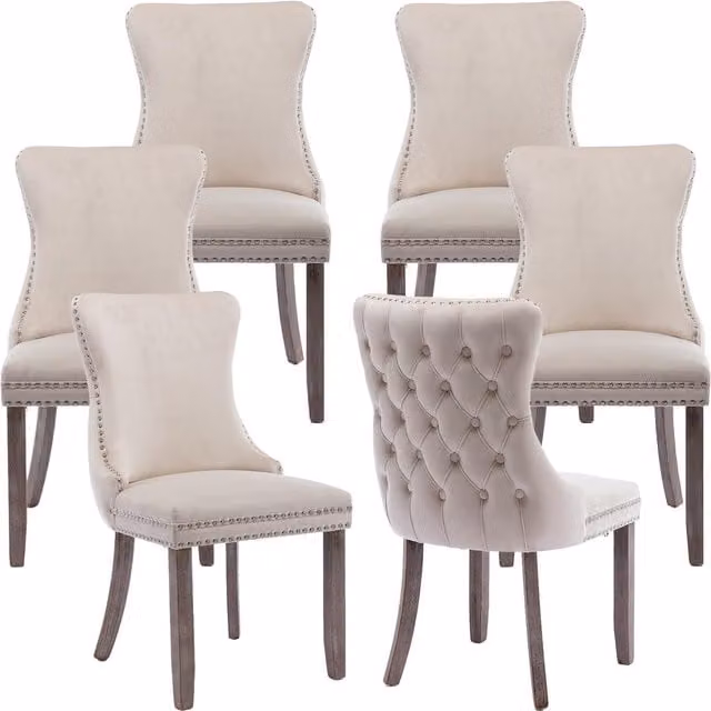 HomeTouch Sierra Set of 6 Velvet Tufted Wing Back Dining Chairs with Oak Wood Legs in Beige