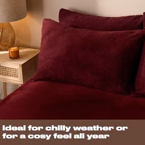 OHS Teddy Fleece Thermal Single Fitted Bed Sheet, Red, 90 x 190 cm – 1