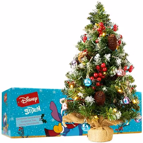 Disney Stitch Tabletop Christmas Tree with 12 Baubles and Pre-lit LED White String Lights in Multi Colour