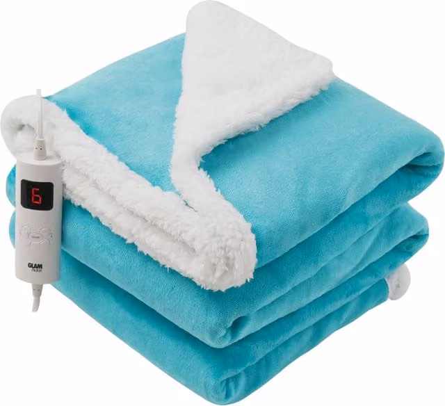 Glamhaus Electric Heated Reversible Fleece and Velvet Blanket in Bright Blue, W: 160 cm, D: 130 cm