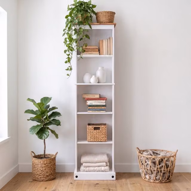 Mercers Furniture Corona White Tall Narrow Bookcase in Rustic White Pine