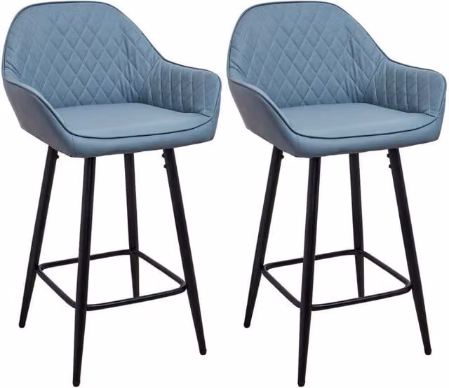 KORVIXA Set of 2 Blue PU Leather Bar Stools with Modern Geometric Design – 1