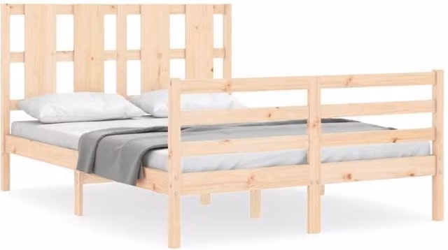 Berkfield Home Double Solid Wood Bed Frame with Headboard in Beige Pine, W/D/H: 140 x 200 cm