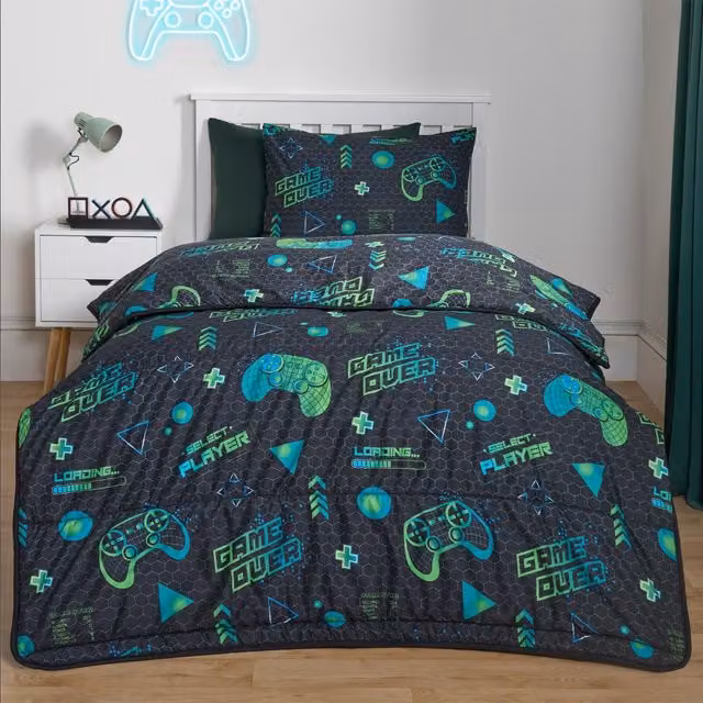OHS Kids Coverless Gaming Duvet and Pillowcase Set, 10.5 Tog Reversible Hollow Fibre All Season Quilt, Black and Grey, W/D/H: 135 x 200 cm – 4