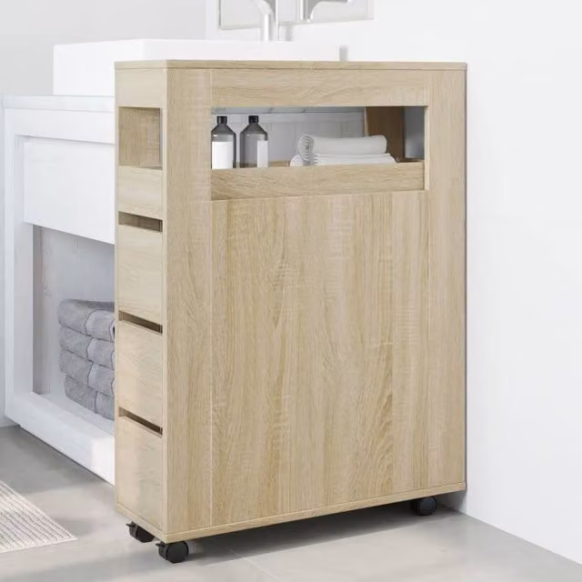 Berkfield Home Narrow Bathroom Cabinet with Wheels in Sonoma Oak and Light Tan, H: 90 cm x W: 65 cm x D: 23 cm – 1
