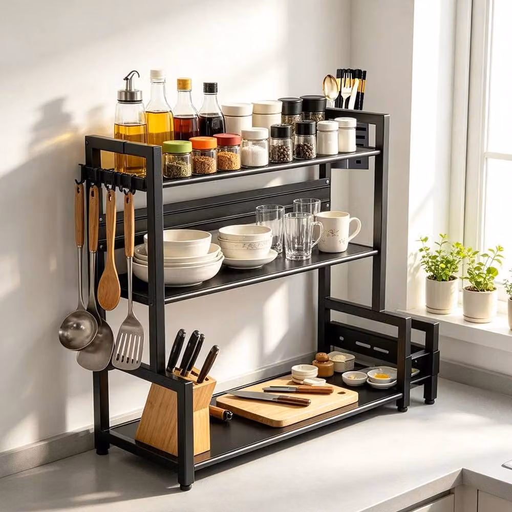 EONLION 3-Tier Black Metal Freestanding Spice Rack and Kitchen Storage Holder, Width: 100 cm – 5