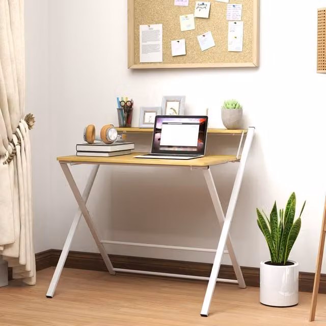 HOMCOM Modern Folding Computer Desk with 2 Tier Shelf for Home Office, Beige, Yellow or White