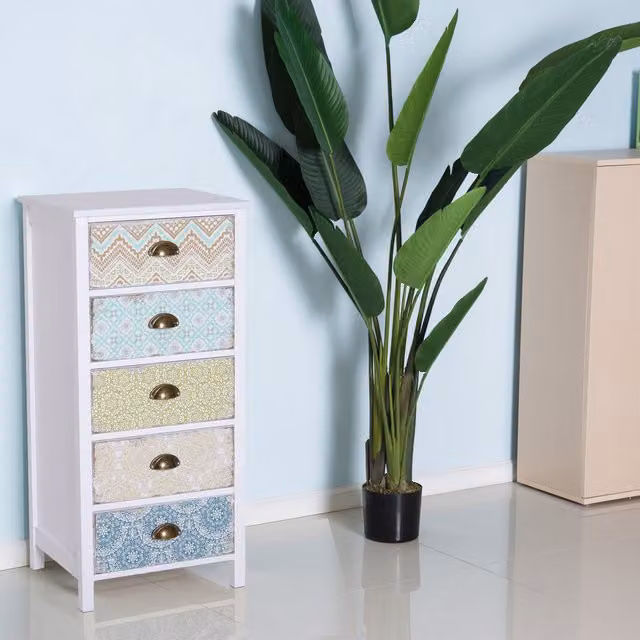 HOMCOM Vintage Geometric Chest of 5 Drawers Bedside Cabinet in White and Multicolour