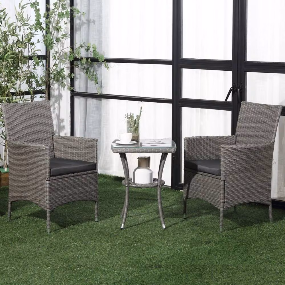 Wyld Haus Ranoyo Ziba Grey Rattan 3 Piece Garden Bistro Set with 2 Tier Coffee Table – 3