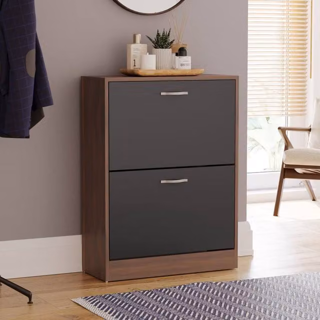 HD Designs Modern 2 Drawer Black Shoe Cabinet Organizer with Tilting Compartments