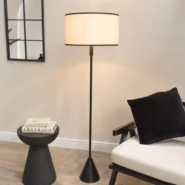 ValueLights Mitch Triangle Floor Lamp with Black Metal Base and White Fabric Drum Shade including LED Bulb