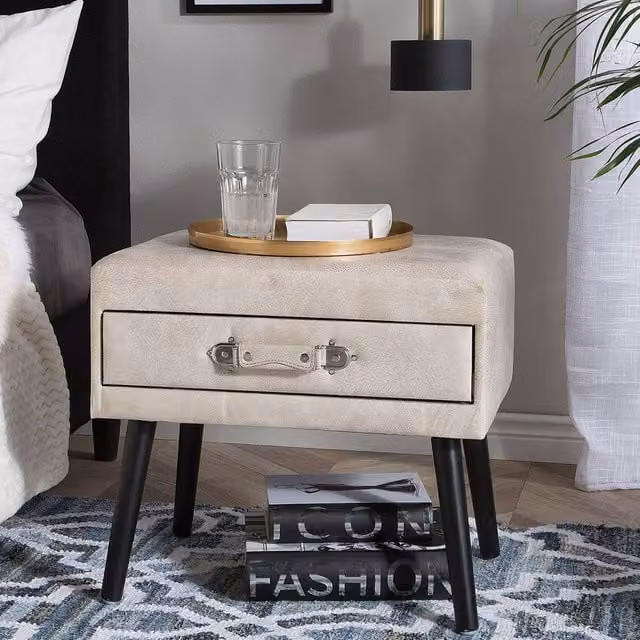 Wyld and Coco Voyage Living Side Table with Storage in Beige Faux Leather and Black Legs