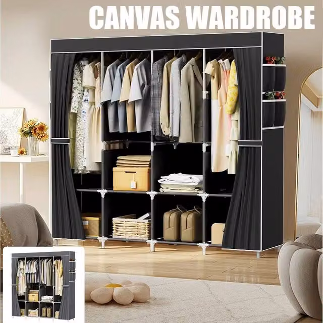 PAWNORA Fabric Canvas Wardrobe in Black, W/D/H: 45 x 45 x 170 cm