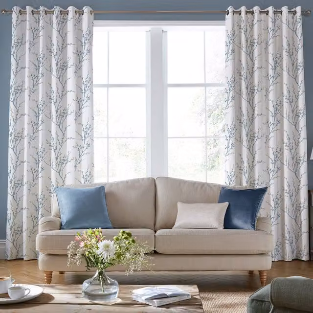 Laura Ashley Pussy Willow Made To Measure Blackout Eyelet Curtains in Off White and Seaspray Floral Design