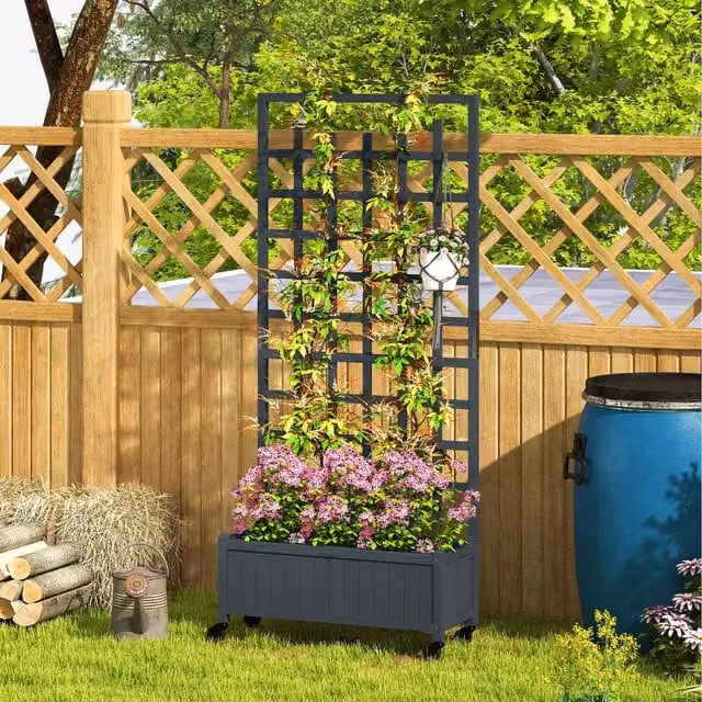 Outsunny Grey Wooden Raised Garden Bed with Trellis, Wheels and Bed Liner