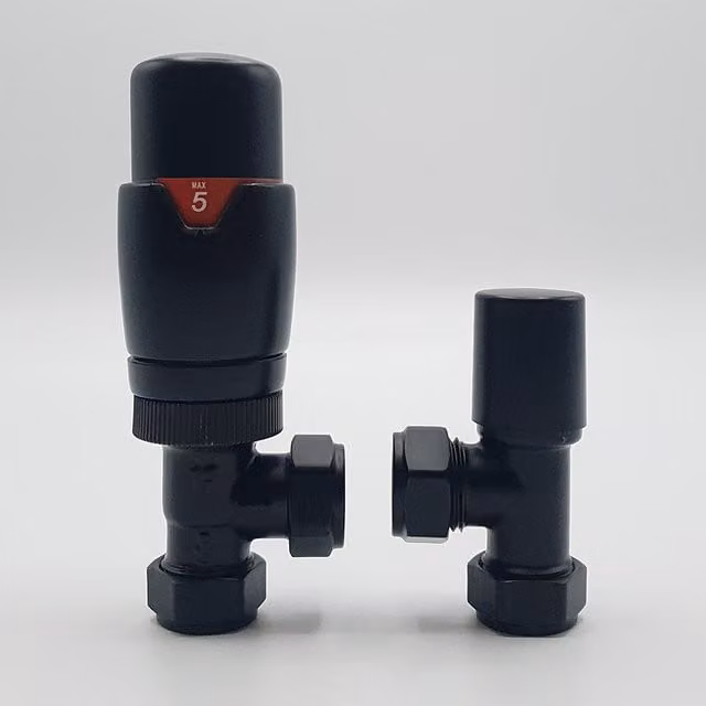 Lux Heat Matt Black Angled Thermostatic Valve Set with Thermostat