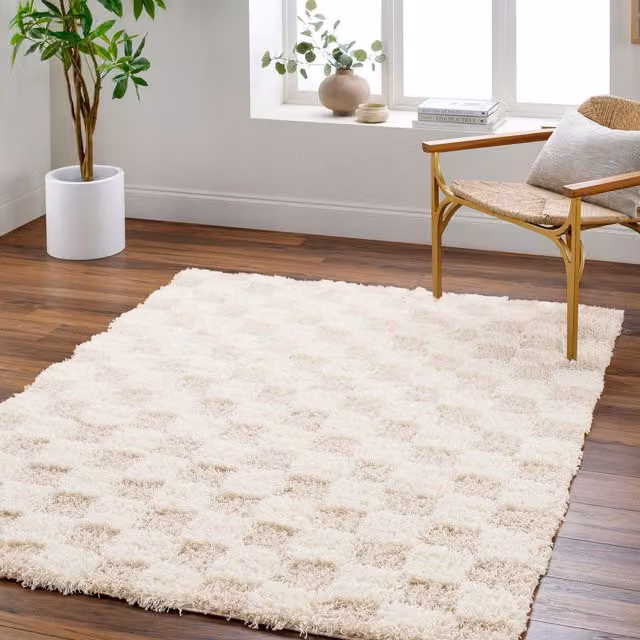 Livabliss Urban Checkerboard Plush Pile Living Room Rug in Light Beige, Yellow, Black and Pink, W: 80 cm, L: 220 cm – 1