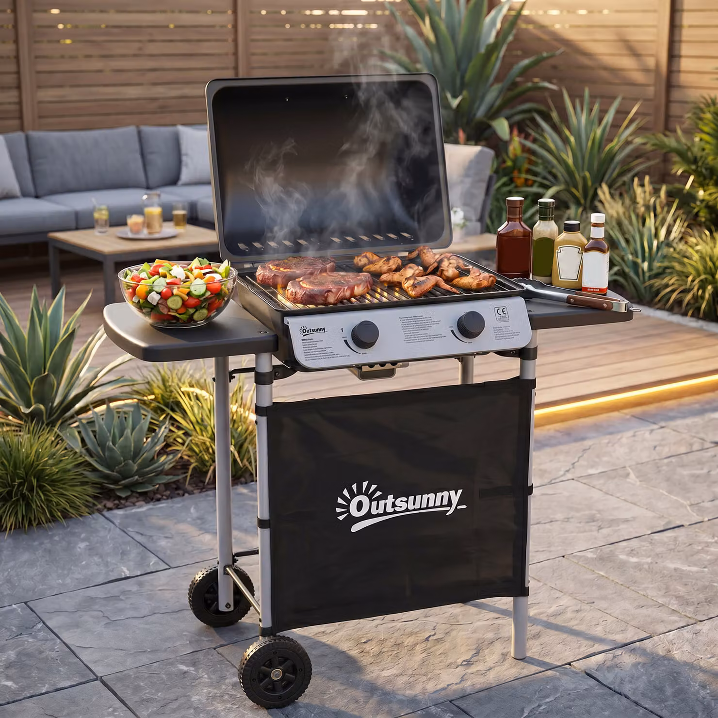 Outsunny 2 Burner Propane Gas Barbecue Grill with Side Shelves and Wheels, Black – 2