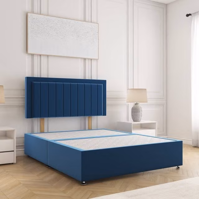 BSSPOKE Zarah Double Divan Bed Set with 24 inch Plush Velvet Headboard in Blue