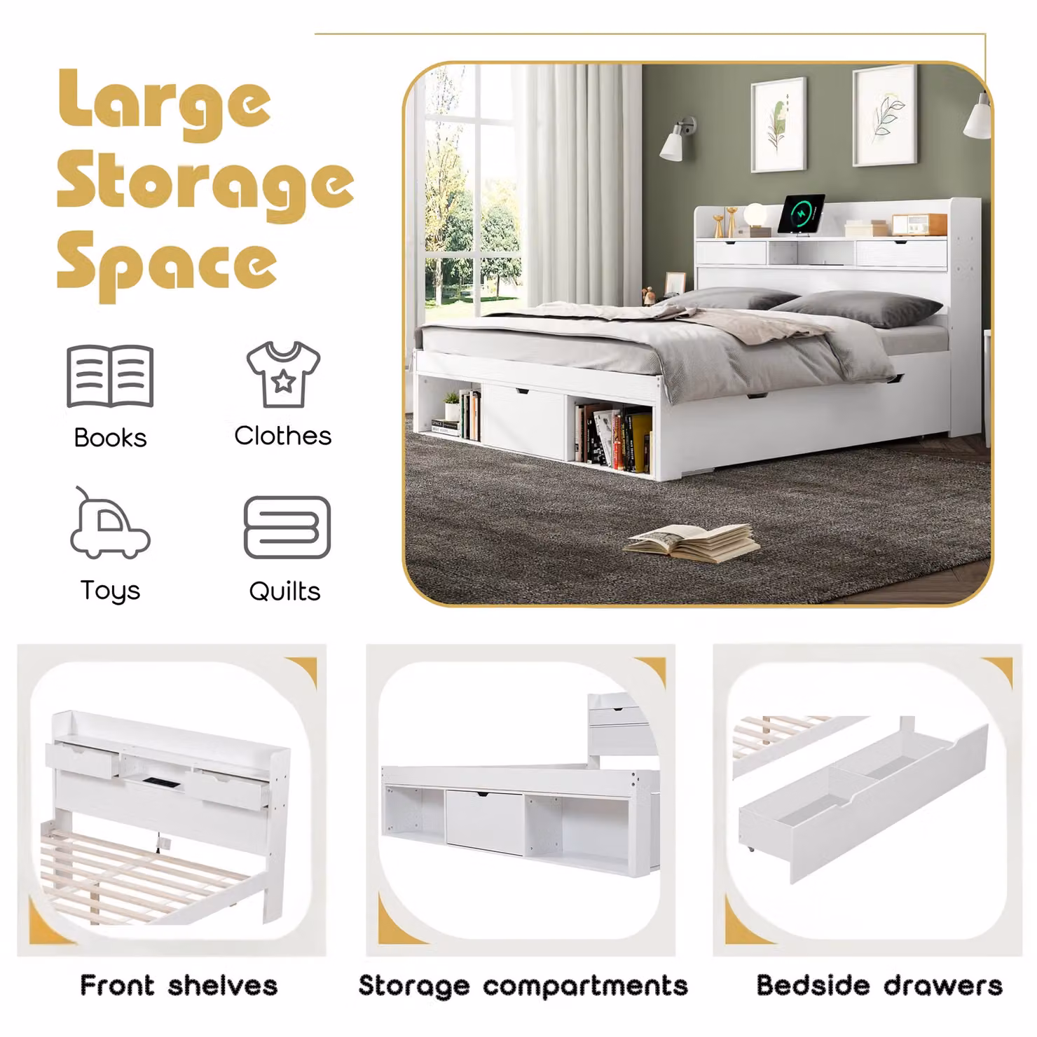Matteo Double Bed with USB Charging Port, Drawers and Storage Cabinet, White, W: 140 cm, L: 200 cm – 4