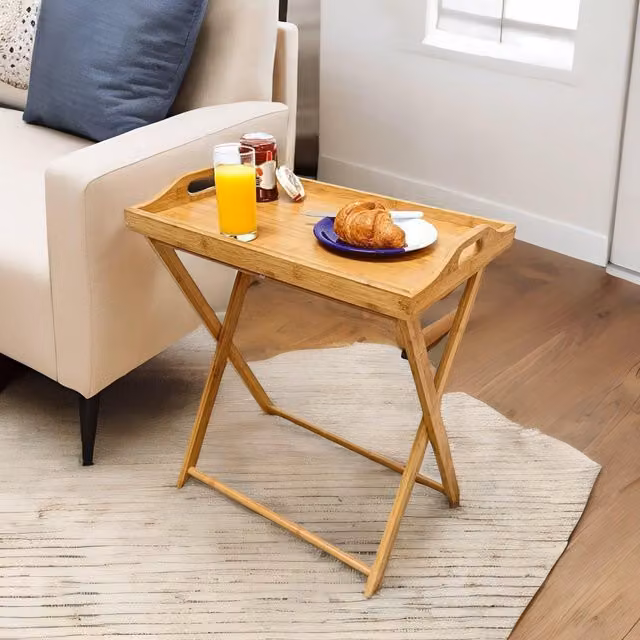 Pirlo Plush Bamboo Folding Side Table with Detachable Serving Tray in Natural – 1
