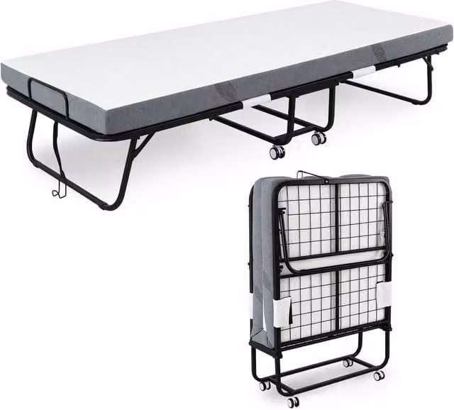 FORGEVIO Folding Guest Bed with 10cm Foam Mattress in White, W/D: 60 x 120 cm