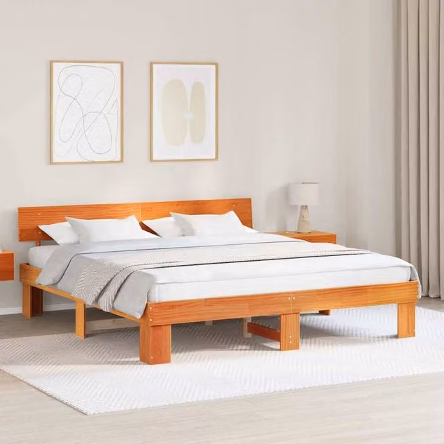 Berkfield Home Modern Solid Pine Wood Bed Frame with Headboard in Wax Brown, 200 x 200 cm