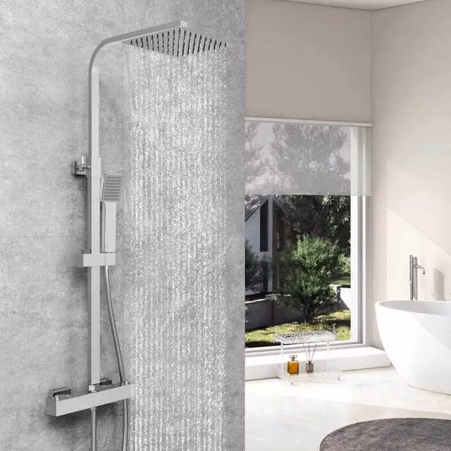 Kelvenix Thermostatic Mixer Shower Set with Hand Shower and Diverter, Silver, W/D/H: 100 x 52 x 5.2 cm