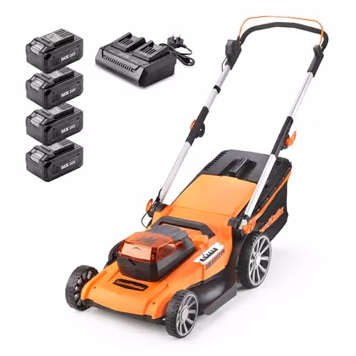 LawnMaster MX 24V Orange Cordless Lawnmower with 46cm Cutting Width, Rechargeable Battery, Collection Bag and Mulching Kit – 1