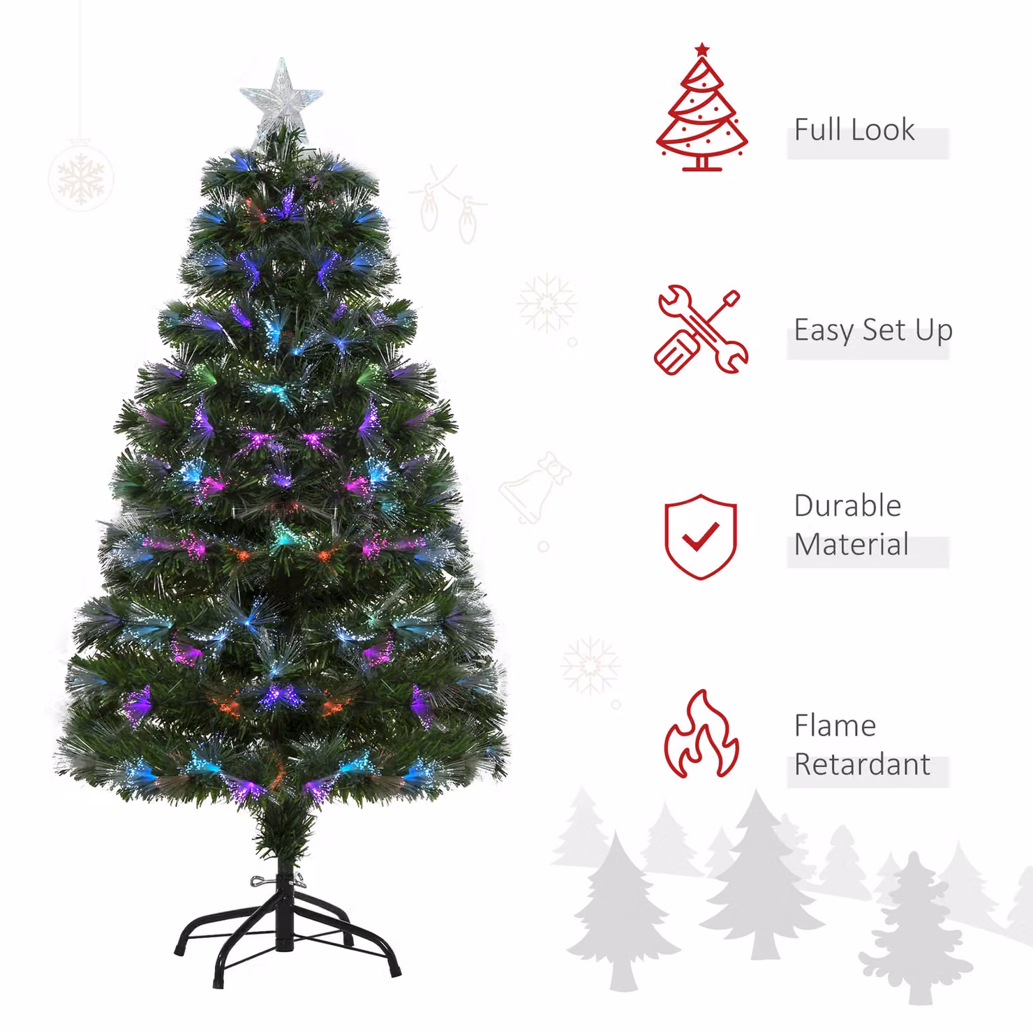 HOMCOM 1.2m Tall Green Artificial Fiber Optic Christmas Tree with Multicolour LED Lights and Flash Mode – 4