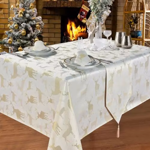 Harwoods Christmas Story Gold Stag Table Runner with Tassels, W: 33.03 cm, L: 182.88 cm – 2