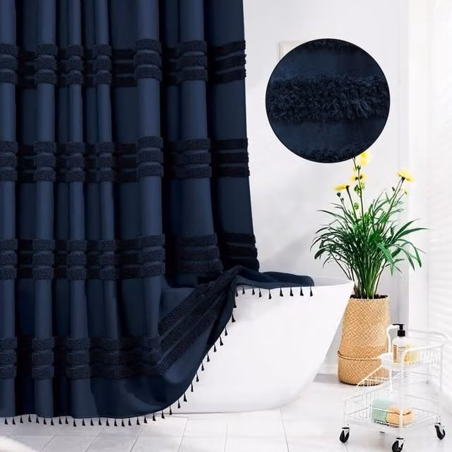 INHOUSOLU HOME DECOR Blue Tufted Boho Shower Curtain with Tassels and Eyelets, Width: 184 cm – 1