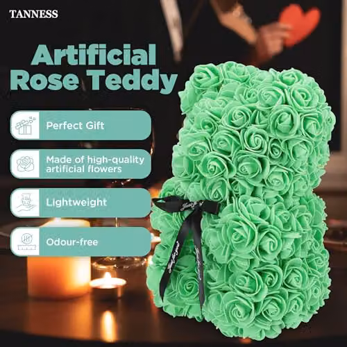 Tanness 25cm Artificial Rose Bear with Transparent Gift Box in Green – 2
