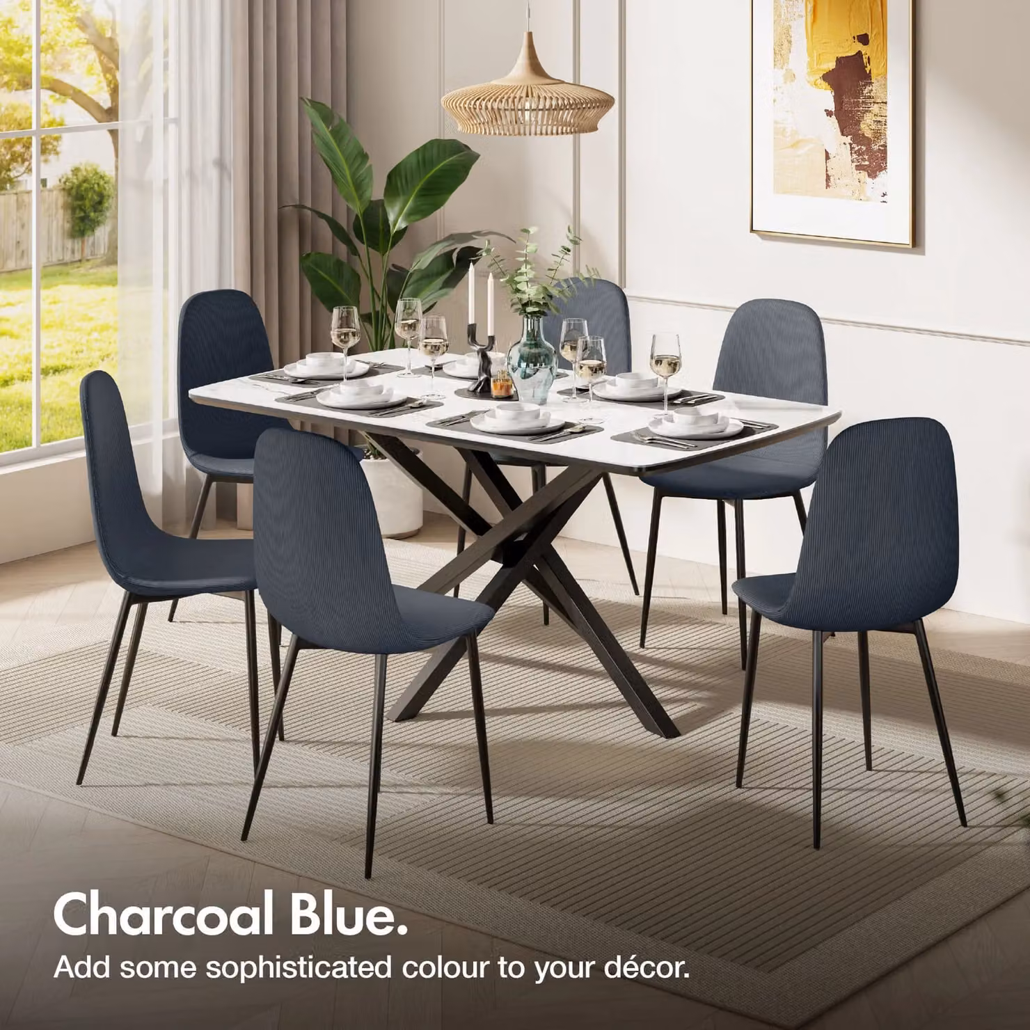 VonHaus Cavell Set of 4 Blue Cord Design Dining Chairs with Black Legs – 3
