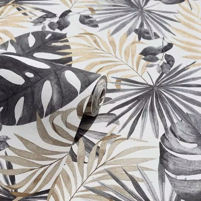 Arthouse Jungle Wall Wallpaper in Black and Gold Botanical Floral Design – 1
