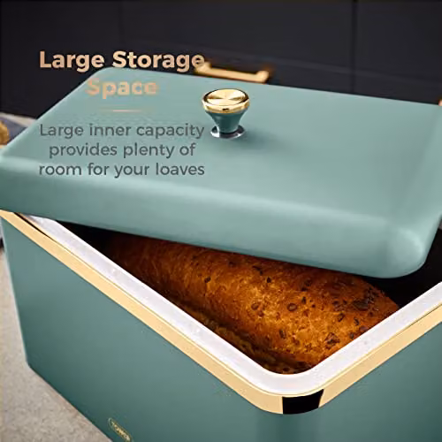 Tower Cavaletto Airtight Bread Bin in Stainless Steel, Jade Green and Gold, W/D/H: 35.0 x 24.0 x 23.0 cm – 2