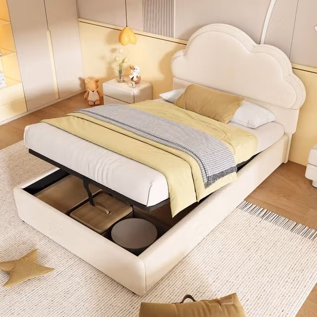 BTM Velvet Cloud Upholstered Bed with Hydraulic Storage, Beige, W/D/H: 90 x 200 cm